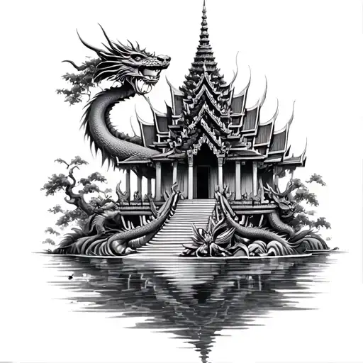 Thailand Temple Surrounded By Water Dragon And Family Tree