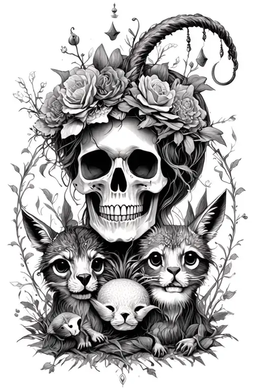 Whimsical Skull Alice Wonderland Surrounded With Animals