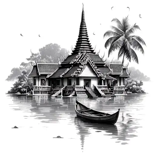 Thailand Temple Surrounded With Water And Small Wood Boat