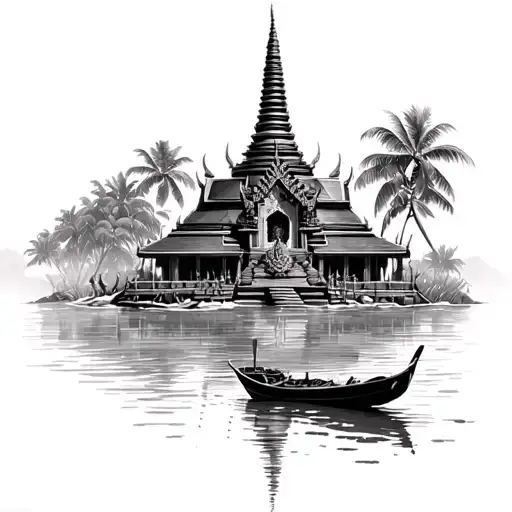 Thailand Temple Surrounded With Water And Small Wood Boat