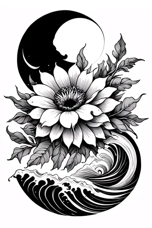 Flower With Sun And Moon And Waves