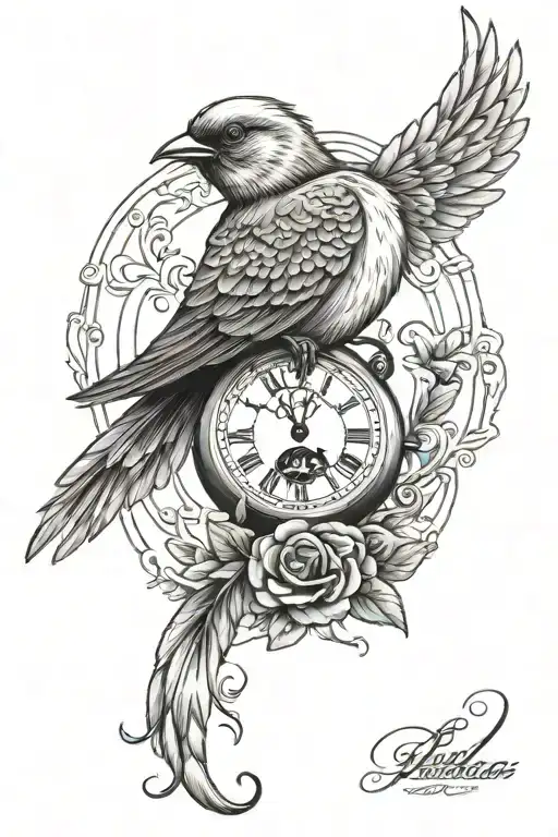 Bird Holding Pocket Watch Surrounded