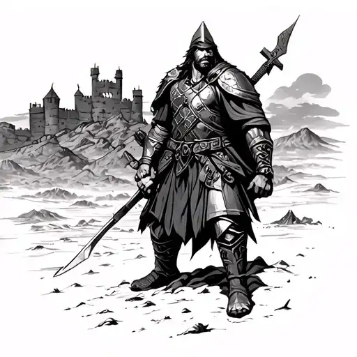 Lone Warrior With Fort In Background Tattoo Design