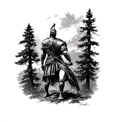 A Roman Warrior Looking Over Trees