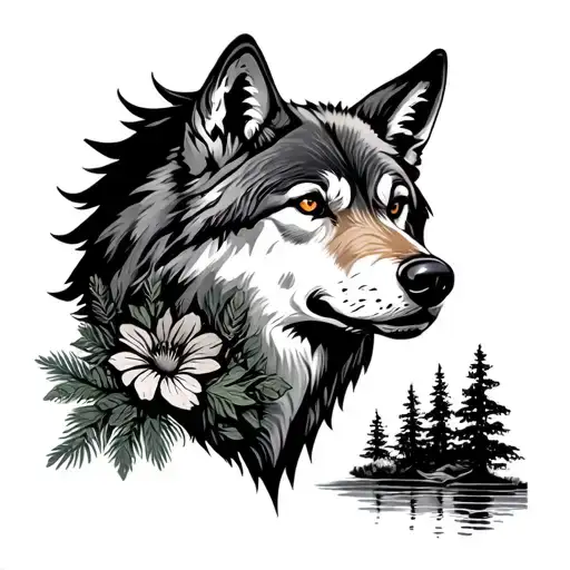 Full Moon Wolf Head River Pine Trees Flowers