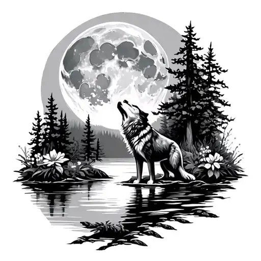 Full Moon Howling Wolf In River Trees Flowers