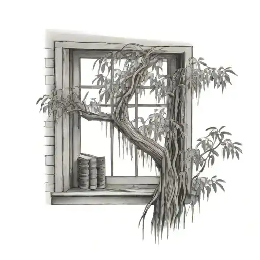 Window Facing Willow Tree With Window Sill With Books On It