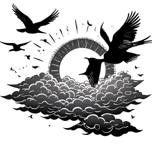 Sun Rising Surrounded By Clouds With Birds Flying Away