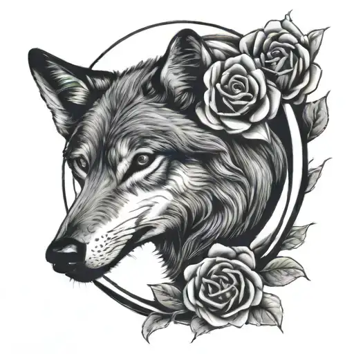 Wolf And Rose And Moon Merging Together