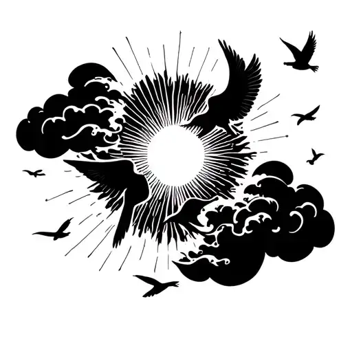 Birds Flying Away From A Fine Line Sun Through Clouds