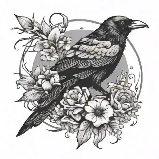 Crow And Flowers Surrounding