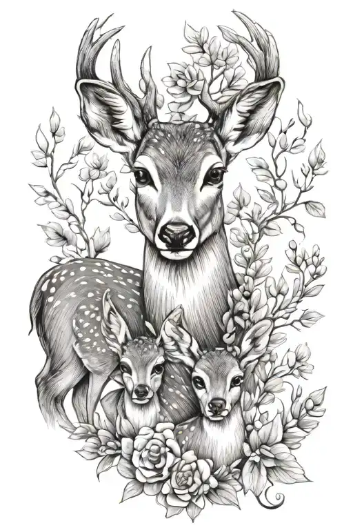 Doe Mother With Two Baby Deers Head With A Nature Inspired