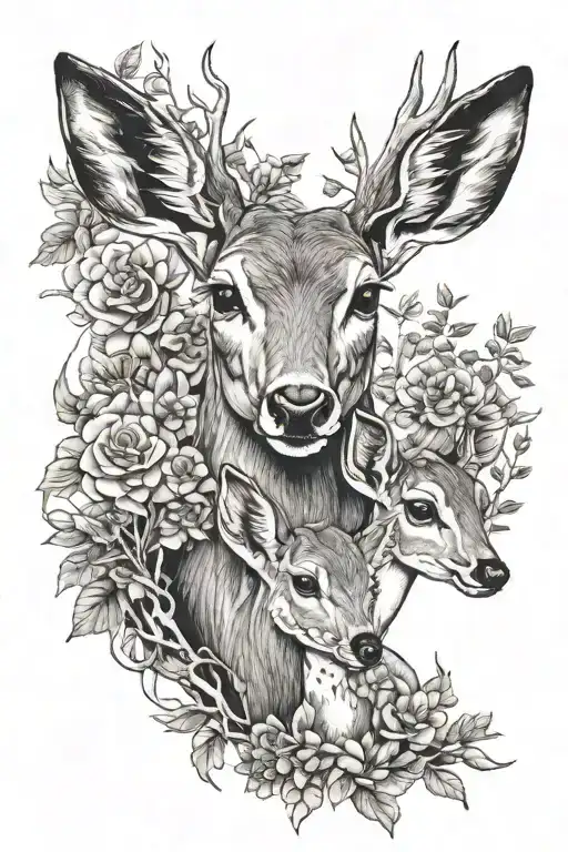 Doe Mother With Two Baby Does In Nature Scene