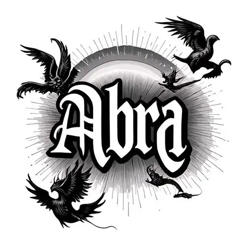 The Name Abra In Fancy Letters With A Radiant Rainbow Above And Several Magical