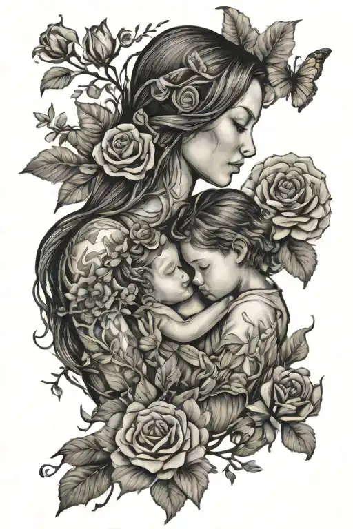 Mother And Flowers And Forest And Children