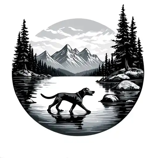 A Dog Walking In The Lake Sorounded By Mountains And Pine Trees