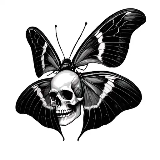 Surrealism Black And White Moth Tattoo Sketch With A Skull Instead Of The Head