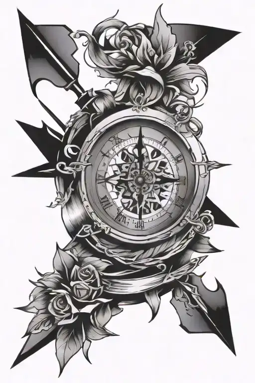Wind Rose Over Clock Crossed By An Arrow