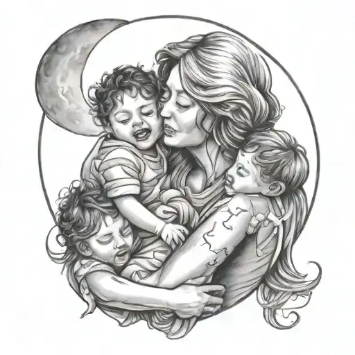 Mother Hugging 3 Children The Moon