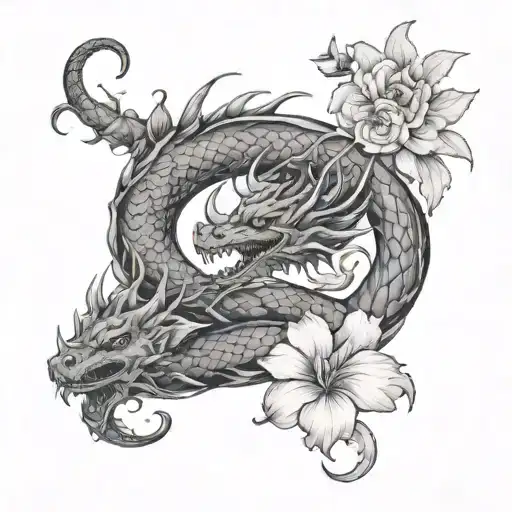 Dragon Ouroboros With Gladiolus And Cistus Flowers