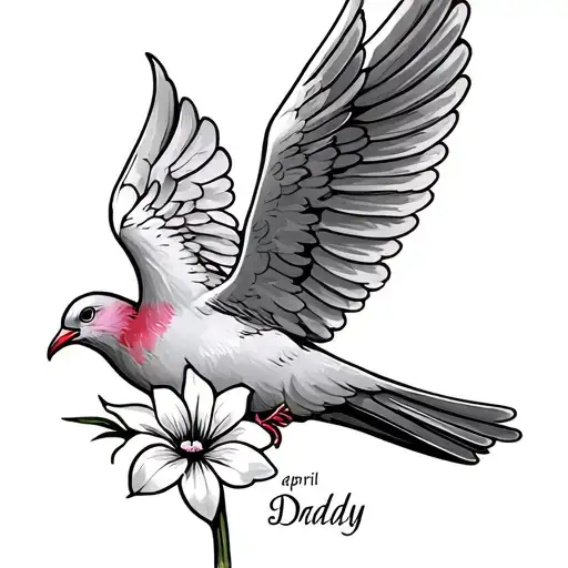 Dove With April Flower In Beak With Daddy Written In The Wing And A Cross