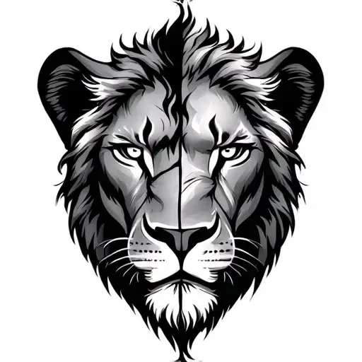 Half Lion Face With A Scar And White Eye