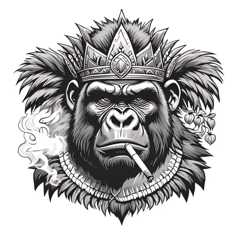 Crowned Gorilla Face African Zulu Warrior Smoking Cigarette