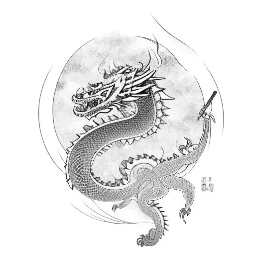 Samurai With A Dragon Surrounding The Temple And A Cherry Blossom Tree