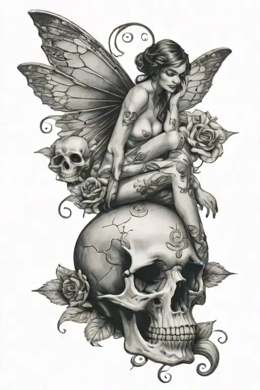 Nude Fairy Sitting On A Skull