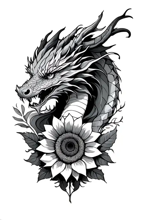 Dragon With Designs Underneath Her With Sunflowers