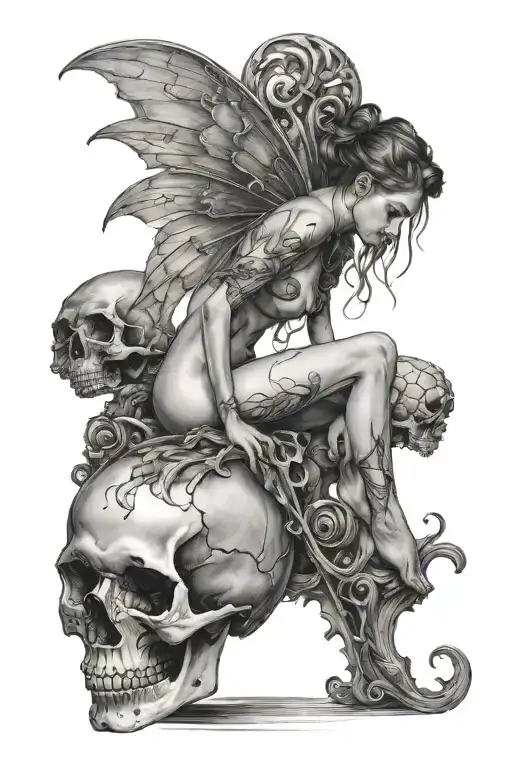 Nude Fairy Sitting On Top Of A Human Skull