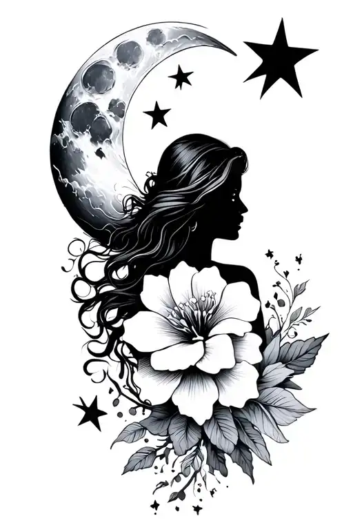 Moon Flowers Sea Waves Freedom Stars Sillohette Woman