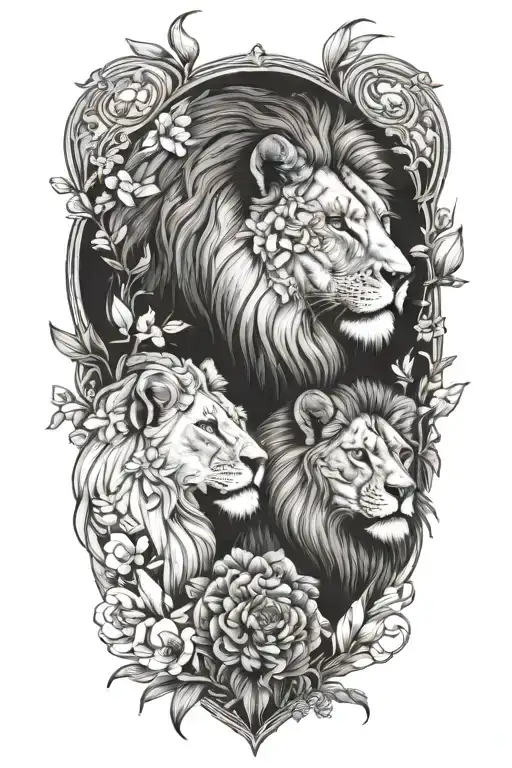 Male Lion And Female Lioness In Love Surrounded By Larkspur And Narcissus Flowers