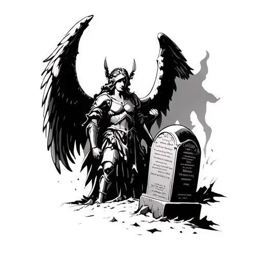 An Angel With Armor That Breaks A Tombstone Tattoo