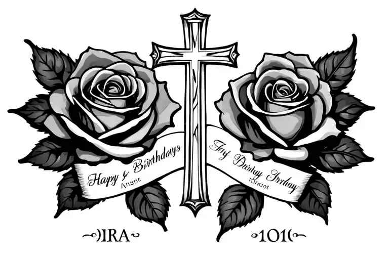 2 Roses With Cross In The Middle With Parents Birthdays In Roman Numerals
