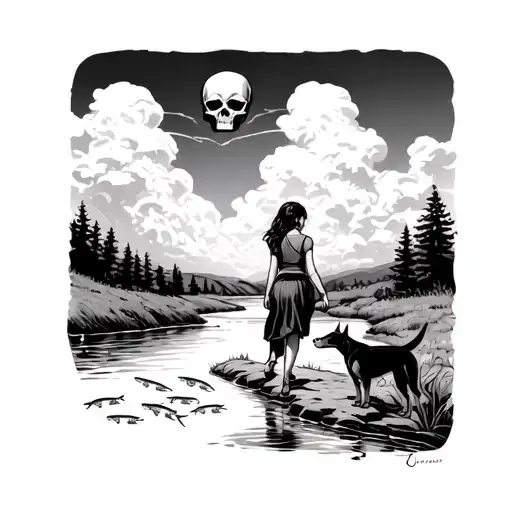 Girl Walking On A Path With A Doberman Along A River Filled With Fish With A Skull In The Clouds
