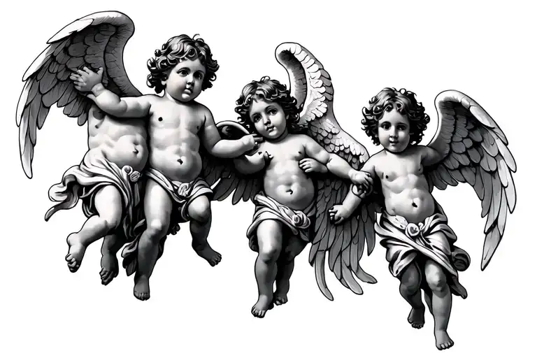 Four Cherubs And A Guardian Angel Wings Tattoo
