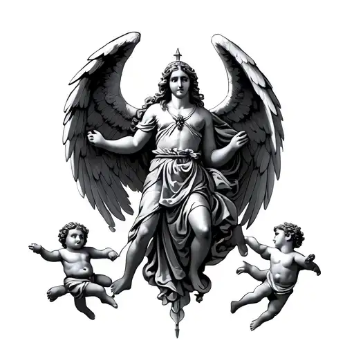 Winged Angel Warrior With Four Cherubs
