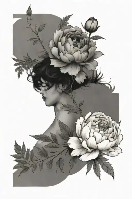 Delicate Peonies With Fern Branches