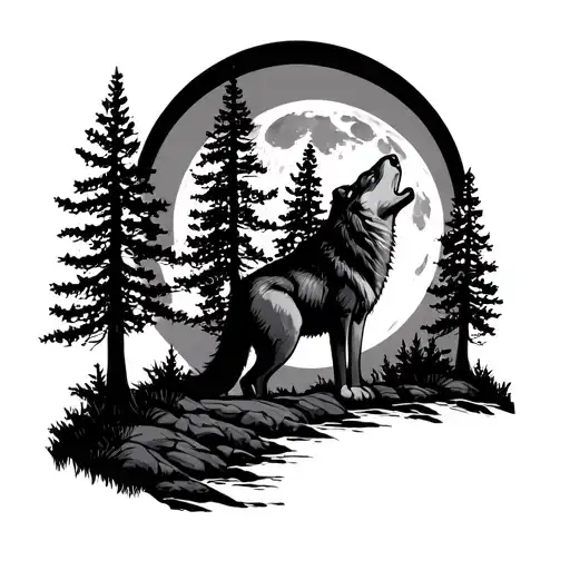 Riverbed Pine Trees Howling Wolf Full Moon In Background