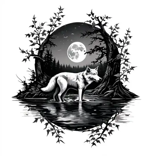 Wolf In River Ivy Trees Full Moon In Background