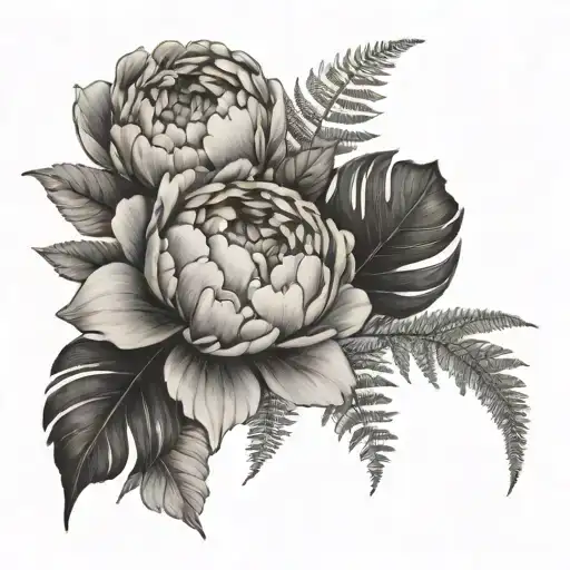 Delicate Peonies With Fern Leaves