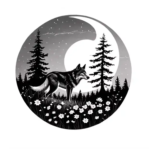 Wolf Forest Trees Flowers Full Moon In Background