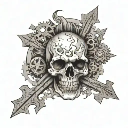 Skull And Gears With Cross Hatching