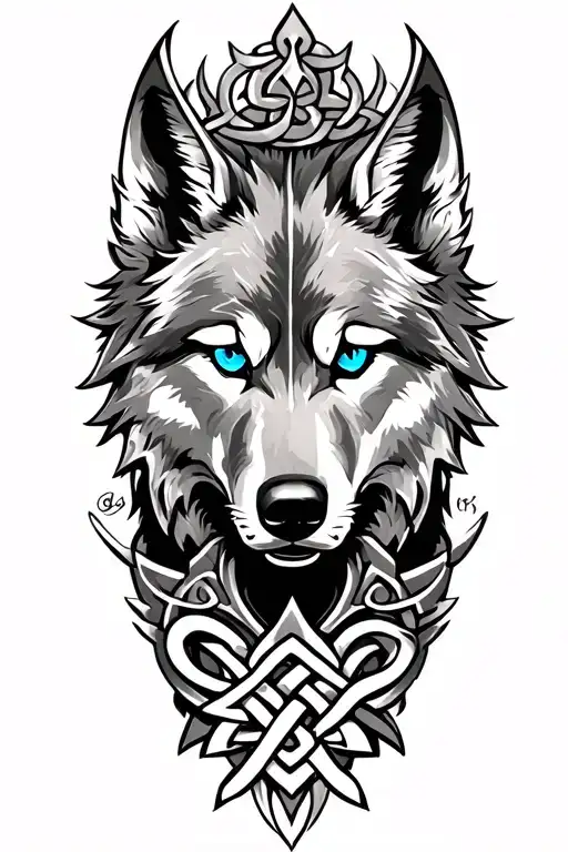 Wolf With Blue Eyes On Armor Tattoo Design Featuring Celtic Trinity Knot