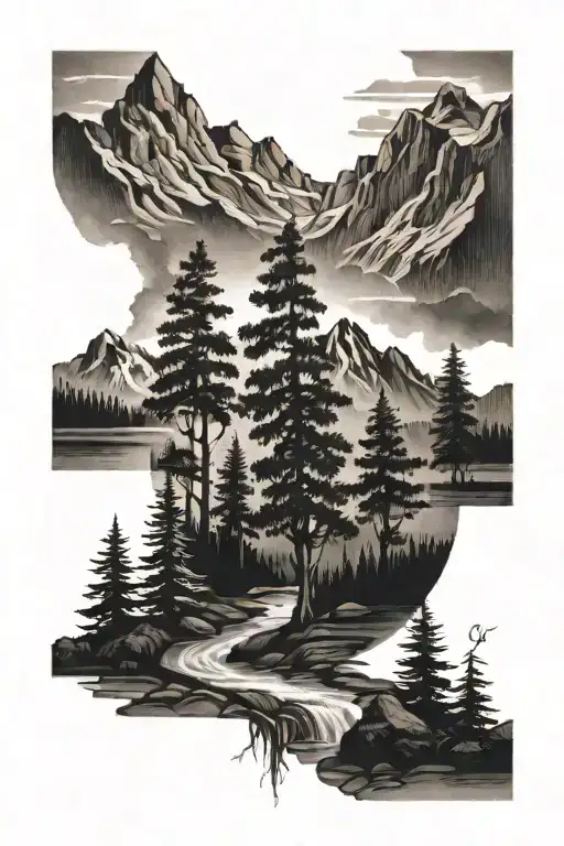 Tree And Mountains And River Flowing