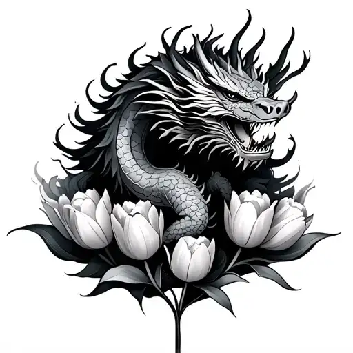 Japanese Dragon Sitting On Tulips