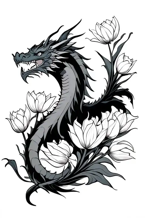 Japanese Dragon Flying With Tulips