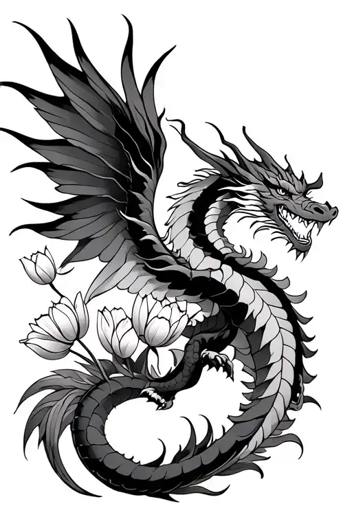 Japanese Dragon Flying With Tulips