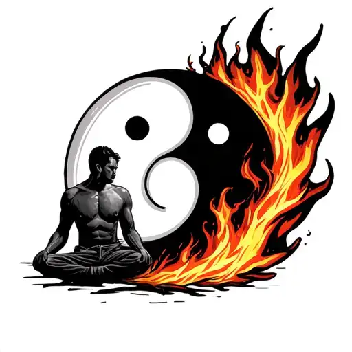 Man Sitting In Fire And Flames Are Yin Yang Symbol